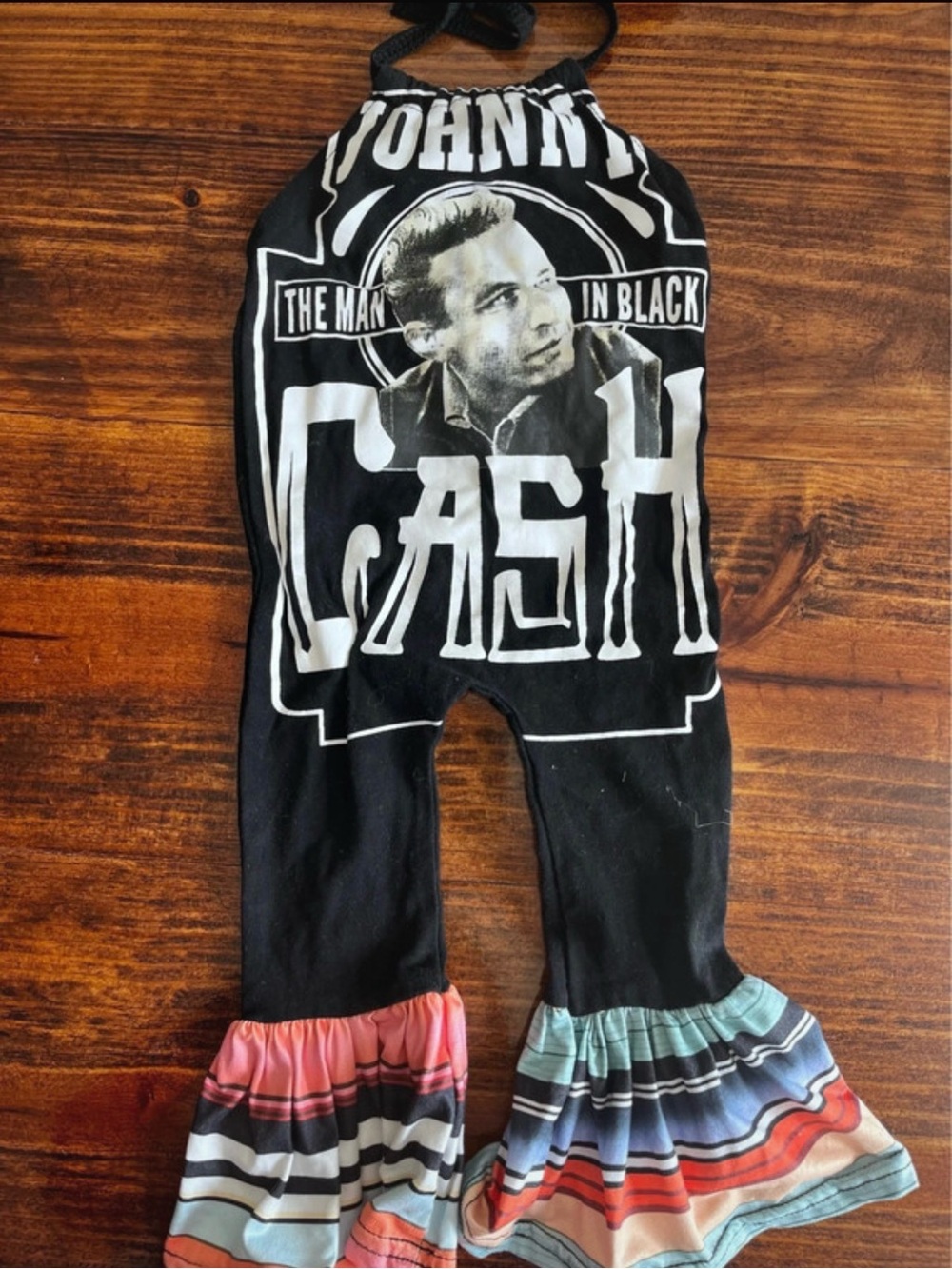 Johnny Cash Graphic Ruffle Romper - Black with Multicolor Ruffles
